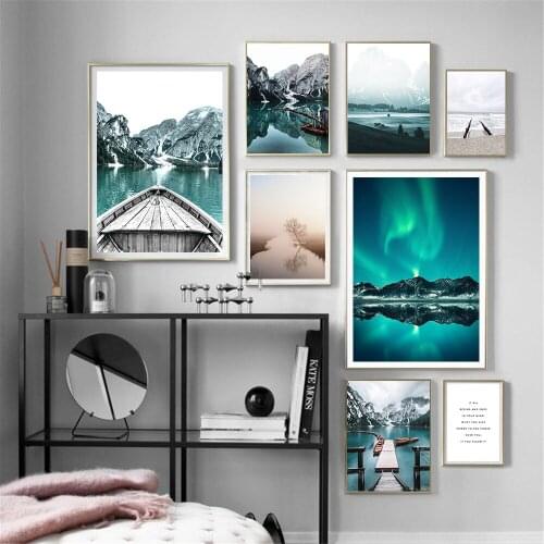 Nordic Mountains Lake Boat Landscape Wall Art Poster Aurora Reed Beach Wave Prints Scandinavia Living Room Decor Canvas Painting