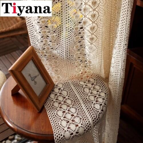 Beige Hollow Crochet Flower Sheer Curtain For Living Room American Rustic Handmade Curtain Tulle ZH472Y