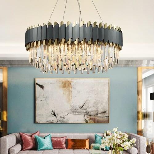 LED Dining Room Art Deco Black Golden Stainless Steel Crystal Chandelier Hanging Lamp Lighting Lustre Chandelier Lighting