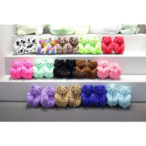 Women Home Indoor Soft anti-slip Faux Fur Cute Slippers Winter Warm Shoes Cartoon Plush Teddy Bear Slippers