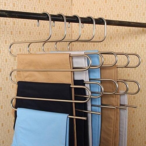 2 Pack Pants Hangers S-type Stainless Steel Trousers Rack 5 layers Multi-Purpose Closet Hangers Magic Space Saver Storage Rack