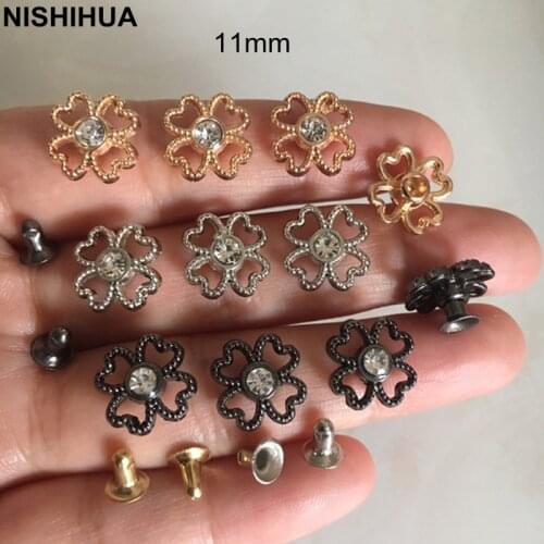 50 sets - Black/Gold/Silver Metal Hollow Flower Rivet Studs With Clear Bead Center,11mm Metal Rivets For Decoration -A