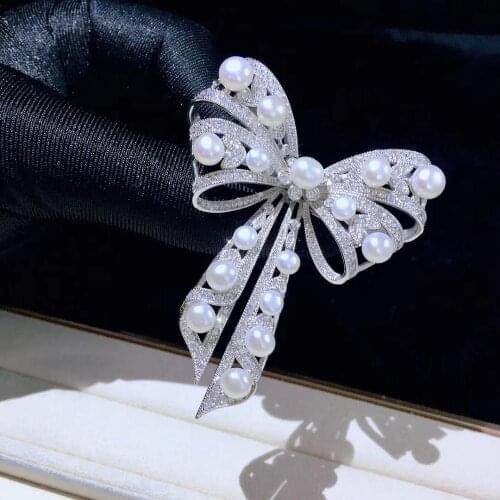 Natural fresh water pearl brooch 925 sterling silver with cubic zircon bowknot brooch fine women jewelry for coat