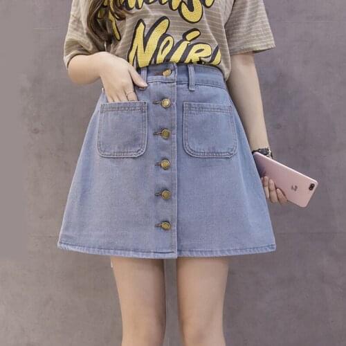 Female Jeans Harajuku Cotton Street Wear 2021 Vintage Women Denim Mini Skirt Summer High Waist A-Line Korean Single Button