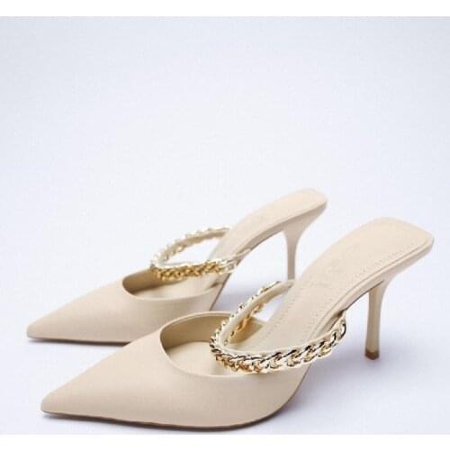 Womens Slippers 2021 Summer Wear New Chain Pointed High-heeled Mules Elegant Stiletto Single Shoes