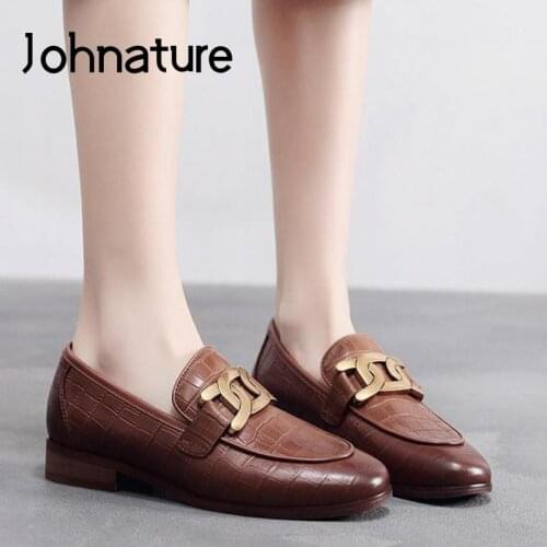 Johnature Pumps Women Shoes Genuine Leather 2021 New Spring/Autumn Round Toe Retro Sewing Concise Handmade Casual Ladies Shoes
