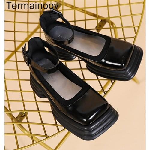 Termainoov Women Pumps Luxury Female Loafers Platform Square Toe Buckle Vintage Party Mary Jane Women Ankle Shoes