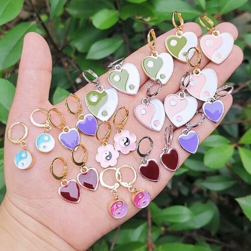 Lost Lady Colorful Enamel YinYang Heart Huggies Earrings for Women Girls Shiny Zircon Hoop Earrings Wholesale Jewelry
