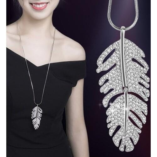 Women Crystal Long Necklaces & Pendants Female Boho Silver Leaf Statement Necklaces Female Collier Femme Fashion Jewelry 2021