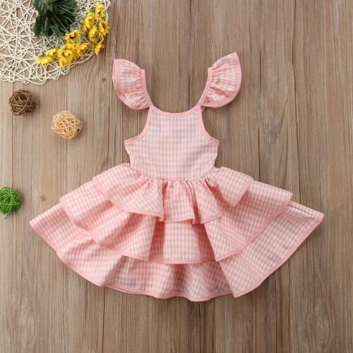 2021 Baby Girls Summer Ruffled Dresses Kids Sleeveless Cute Plaid Print O-neck A-line Dress Princess Dresses for Girls
