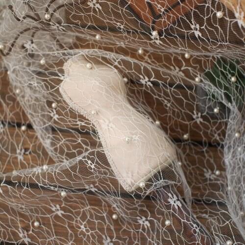 White Pearls Jaquard Mesh Lace Fabric For Girls' Tulle Dress Wedding Garment Sewing Decorative Beading Net Fabric 150cm Wide