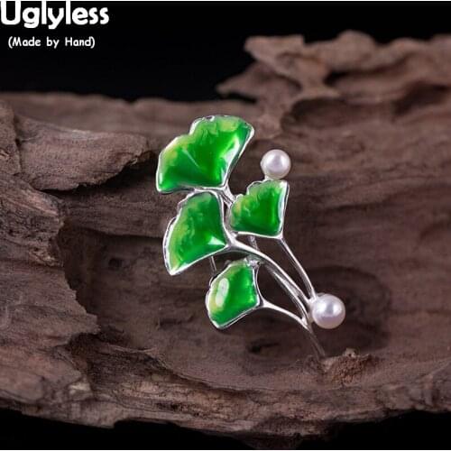 Uglyless 100% Real 925 Sterling Silver Leaf Brooches for Women Enamel Green Ginkgo Leaves Pins Brooch Natural Pearl Fine Jewelry
