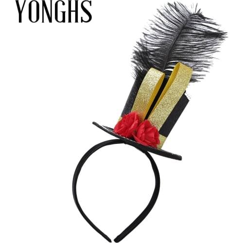 Kids Girls Fancy Steampunk Mini Top Hat Fascinator Headband with Feather Rose for Halloween Carnival Party