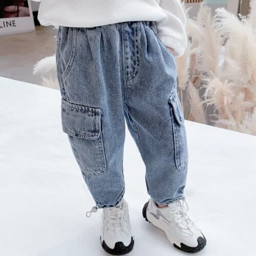 Pockets Girls Denim Cargo Pants Elastic Waist Casual Baby Kids Trousers Spring and Autumn Childrens Clothes for Girl 0-7 Years