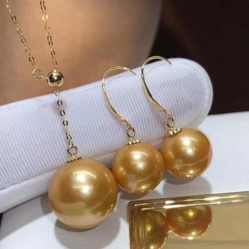 Fine Jewelry 18K Yellow Gold Fresh Water Golden Pearl 8-11mm Females Jewelry Sets for Women FIne Jewelry Sets