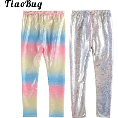 TiaoBug Girls Leggings Shiny Metallic Gradient Color Slim Fit Trousers for Ballet Dance Performance Casual Wear Kids Clothing