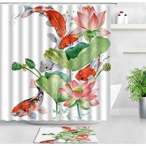 Red Koi Lotus Shower Curtain Set Carp Animal Watercolor Flower Plant Chinese Style Flannel Bathroom Carpet Non-slip Rug Bath Mat