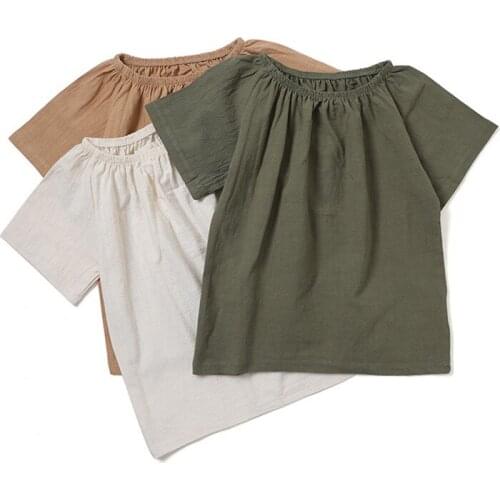 Solid Color Cotton And Linen Childrens T-Shirt Summer Girls Casual Comfortable Round Neck Short-Sleeve T-Shirts Top WT030