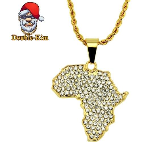 Map of Africa Zircon Pendant Necklace Men Hiphop Rock Street Culture Zinc Alloy Inlaid Zircon Chain Necklace Fashion Man Jewelry