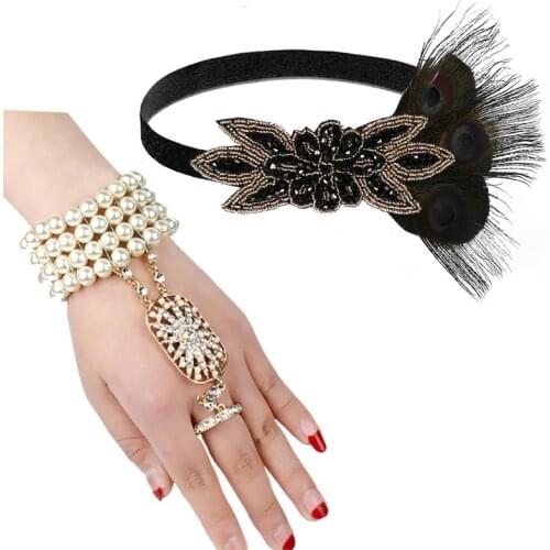 1920s Flapper Feather Headband and Pearl Bracelet Roaring 20s Great Gatsby Party Wedding Headpiece Hair Accessories Set