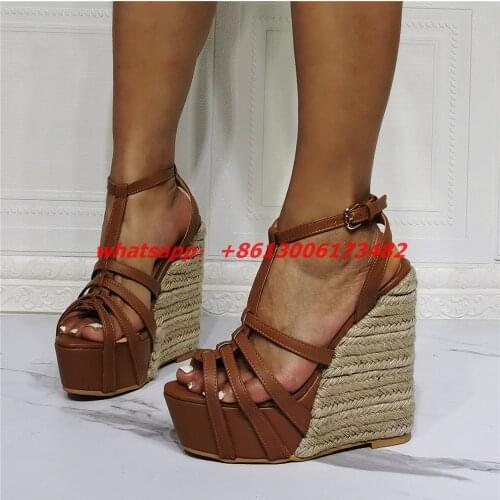 Real photos plus woman size 46 straw weavings high wedge sandal high platform woman summer woven straw wedge sandal