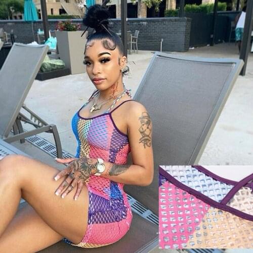 SKMY Net Yarn 2021 Summer New Womens Print Sexy Hollow Stitching Bag Hip Dress Fashion Beach Suspender Fairy Club Wear Dress