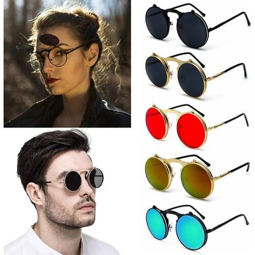 Retro Steampunk Flip-Up Sunglasses Round Goggles UV Protection Sunglasses Men and Women Metal Frame Summer Vintage Eyewear