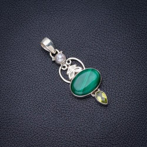 StarGems Natural Malachite Peridot And River Pearl Leaf Handmade 925 Sterling Silver Pendant 2" E3905