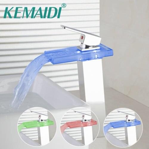 KEMAIDI Waterfall LED Light Battery Power Bathroom Glass Chrome 002G/3 Deck Mounted Sink Wash Basin Torneira Tap Mixer Faucet