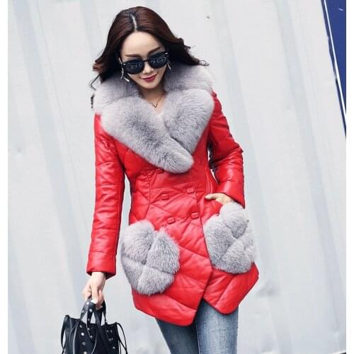 Womens 2020 Genuine Leather Jacket Sheepskin Coat Female Fox Fur Collar Down Jackets Warm Coats Jaqueta De Couro WXF271 s s
