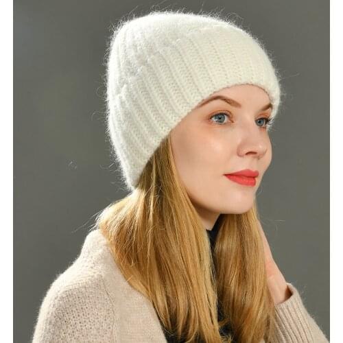 Women Hat Baggy Bonnet Beanies Female Rabbit Hair Knitted Winter Hats Soft Striped Cashmere Knitted Beanie hat