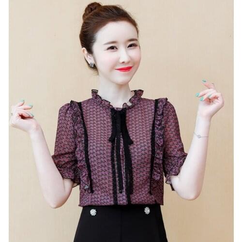 Womens Spring Summer Style Chiffon Blouses Shirt Womens Elegant Lace Up Short Sleeve Ruffles Casual Tops SP057