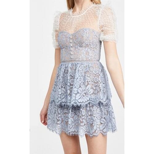 Women Dot Lace Robe Mesh High Waist Rhinestone Buttons Short Sleeve Dress 2021 Summer
