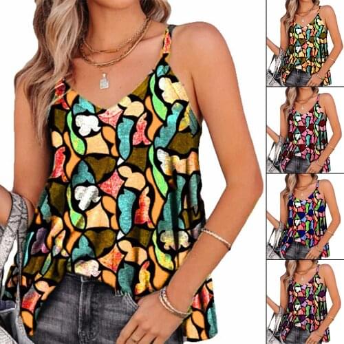 V-neck Chic Sling Print Sleeveless Vest Ladies Summer Beach Street Breathable Sleeveless T-Shirt Casual Ladies Tops 2021 New