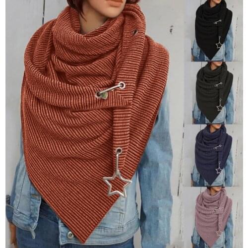 Women Winter Warm Thicken Oversized Large Scarf with Button Hook Star Pendant Solid Color Ribbed Triangle Shawl Wrap Bib