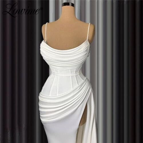 White Simple Party Dress 2020 Mermaid Custom Split Side Satin Evening Gowns Dubai Arabic Pleats Prom Dresses Vestidos De Fiesta