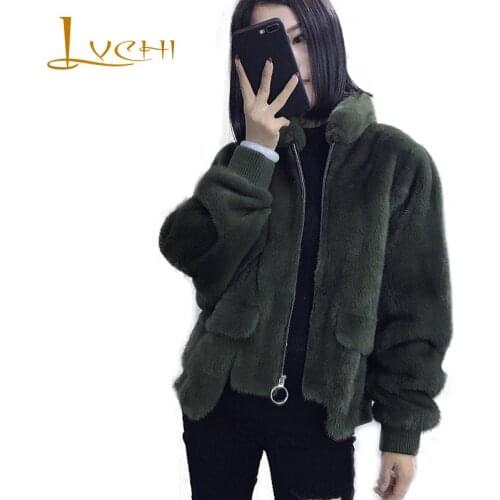 LVCHI Winter2017 Full Pelt Mink Fur Coat Womens Full Sleeve Fur Coat Zippers O-Neck Slim Pocket Short 4 Color Mink Fur Coats