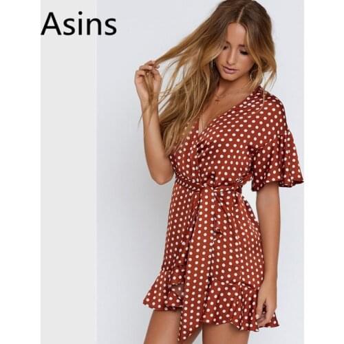Asins dress women 2019 summer new hot casual fashion high waist wild printing short sleeve deep V neck slim sashes sexy dresses