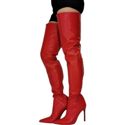 Winter Woman Fashion Black Red PU Pointed Toe Over The Knee Boots Female Zipper Back Slim Thin Heels Thigh Boots Shoes Lady