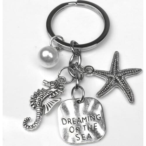 1PC Vintage Dream Sea Key Pearl Key Chain, Sea Horse Key Ring, Conch Shell Charm Beach Ocean Jewerly