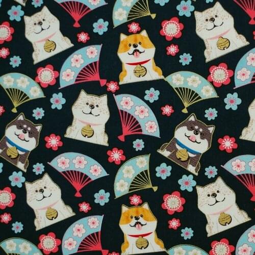 1 yard Printed Cotton Woven Fabric - Lucky Cats, Fan and Flower on Deep Blue Background (width=140cm)