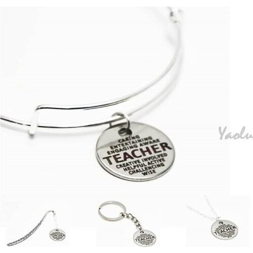 12pcs/lot Teacher bangle message stainless steel charm necklace keyring bookmark Jewelry