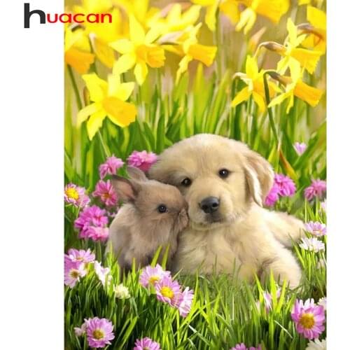 Huacan 5d Diy Diamond Painting Mosaic Dog Decor Home Diamond Embroidery Animal Flower Wall Sticker Crystal Gift