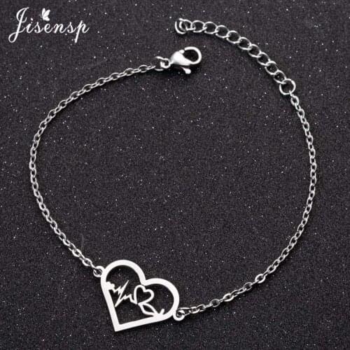 Jisensp Korean Style Hollow Peach Heart Stainless Steel Bracelet for Women Vintage Heartbeat Charm Bracelet Wedding Jewelry Gift