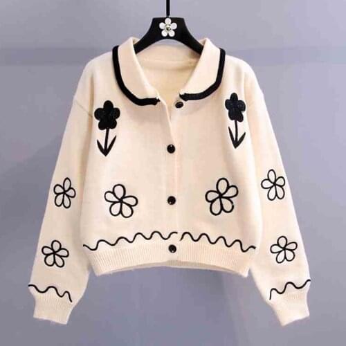 Autumn Women Cropped Cardigan 2021 Floral Embroidery Turn Down Collar Knit Sweater Coat Sexy Cardigans Mujer Knitwear Jacket