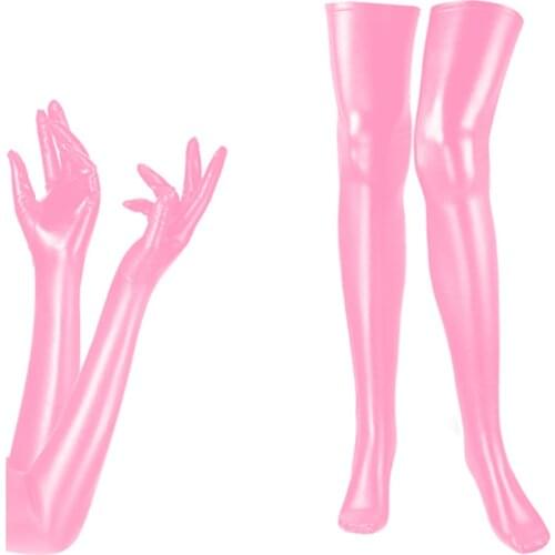 Womens Costume Set Shiny Metallic Leather Long Gloves and Wet Look Thigh High Stockings Sexy Pole Dance Clubwear Erotic Cosplay
