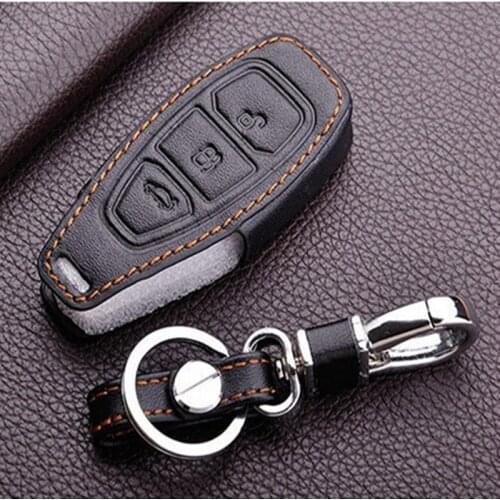 Leather car key Cover Case Holder For Ford 2013 2014 Focus 3 Fiesta Kuga Ecosport Fusion Leather Keychain key ring for ford