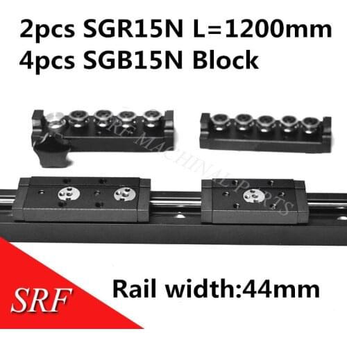44mm width Aluminum Square Roller Linear Guide Rail 2pcs SGR15N L=1200mm with 4pc SGB15N wheels block for CNC