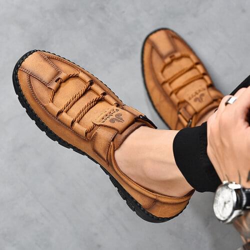 Big Size Handmade Men Casual Shoes Fashion Sports Shoes Genuine Leather Men Velcro Soft Bottom Loafers Breathable Non-slip Shoes