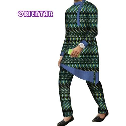 4XL Size In Stock Men Pants Set African Print Outfits 2 Pieces Set Long Sleeve Dashiki Shirt and Pants Clothing WYN844-XH